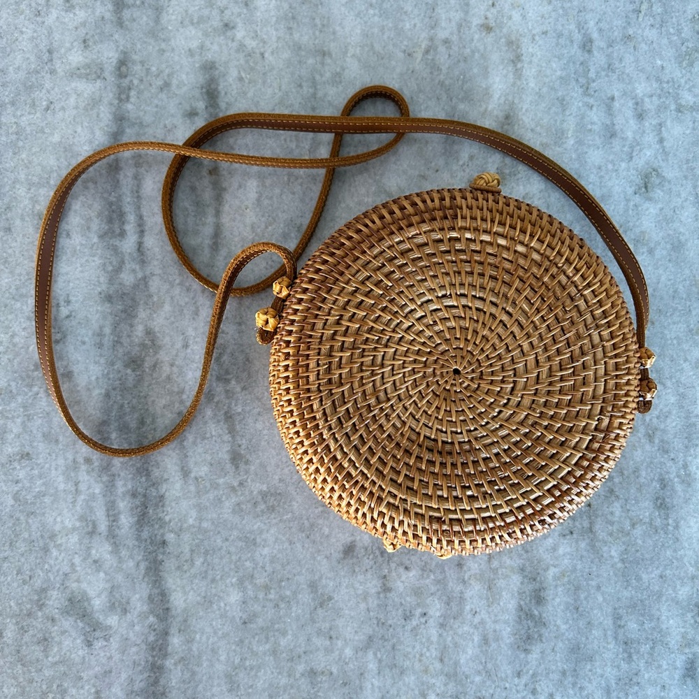 Round Woven Tan Crossbody Bag